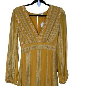 En Crème Mustard Yellow Maxi Dress S Boho Festival Metallic Embroidery NWT